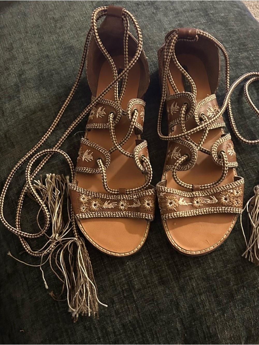 Forever 21 Brown Embroidered Lace-Up Tassel Gladiator Sandals